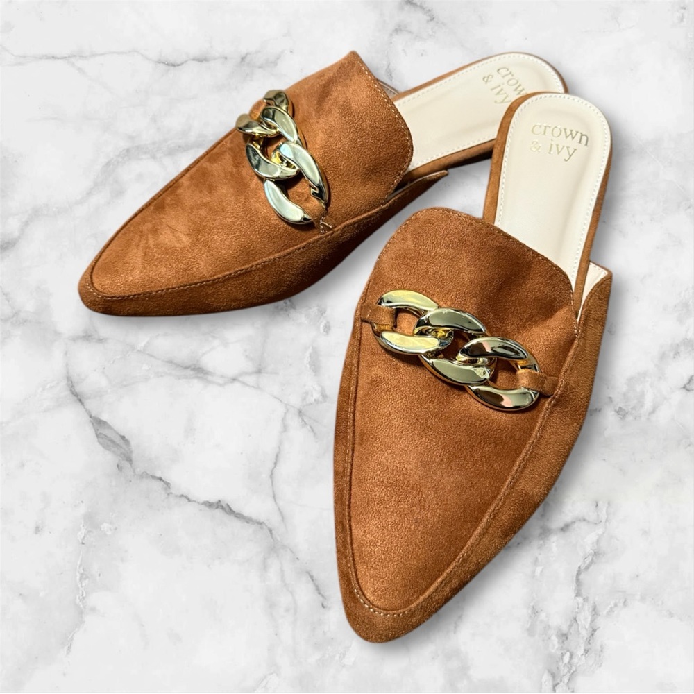 Brown Slip On Mules Shoes with Gold Accent Buckle - Crown & Ivy Size 10